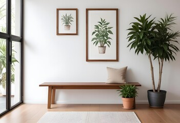 Fototapeta premium A wooden frame on a white wall with a wooden bench and a potted plant in the foreground