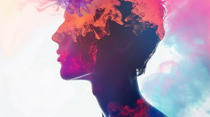 Silhouette of a person's head with abstract colorful smoke swirling around it.