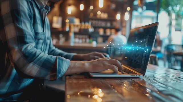 Business professional working on laptop at a wooden bar in a modern cafe, focusing on digital marketing strategies and data processing for effective online business management