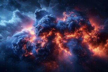 Naklejka premium Igniting flames with vapor and dust create a surreal scene, where swirling particles add to the otherworldly effect. 