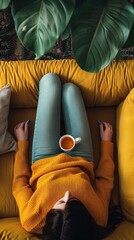 Obraz premium Woman relaxing on a yellow sofa with a cup of tea.