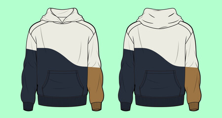 Older boys and teen mens colour block terry fleece drop shoulder hoodie flat sketch outline vector fashion illustration template.  © MdAbir