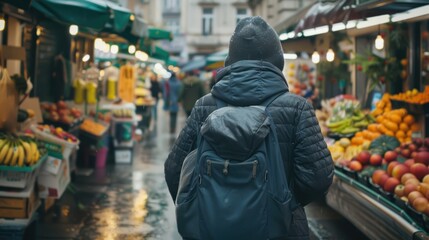 Obraz premium Person with backpack walking through a European market.