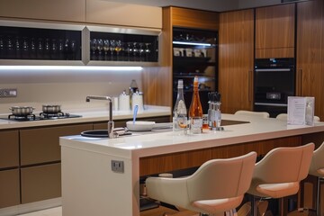 Modern home kitchen interior shelves and fridge with oven and kitchenware, Generative AI