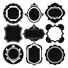 Large set of vector black silhouette frames or cartouches for badges in ornate classical curved and rounded symmetrical designs and shapes