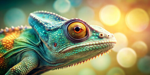 Obraz premium A vibrant chameleon with striking colors and detailed scales gazes intently against a bokeh background. The blend of greens, blues, and oranges highlights the unique features of the reptile.AI generat