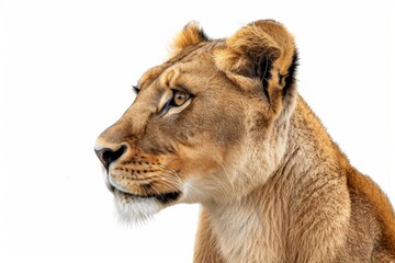 Obraz premium Close-up of two lionesses looking attentively with a white background.