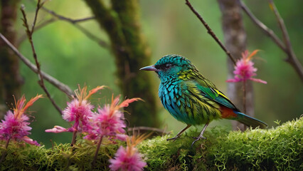 Obraz premium A bird perches on a tree branch, Surrounding the bird are branches with pink flowers and buds and blur green background.