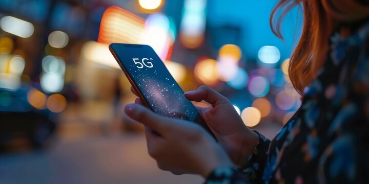 Woman hands with phone, 5G and 6G, Generative AI