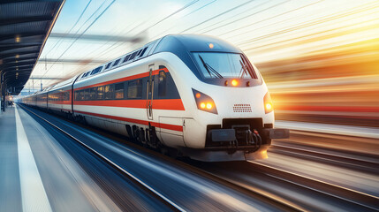 Fototapeta premium A dynamic stock photo of a sleek, modern train speeding along a track. The train is shown in motion, with a blur effect to convey speed and efficiency.