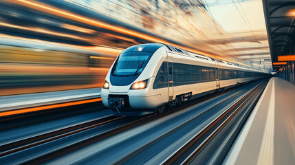 Obraz premium A dynamic stock photo of a sleek, modern train speeding along a track. The train is shown in motion, with a blur effect to convey speed and efficiency.