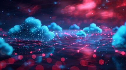 A 3D digital cloud network on a cosmic backdrop shows interconnected cloud icons with ethereal hues. The palette of blue and purple evokes advanced technology and transparency.