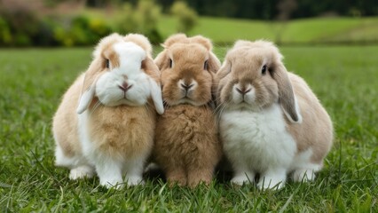 Three rabbits are sitting in a field of grass looking at the camera, AI