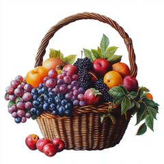 Ripe juicy fruits in basket isolated on white background