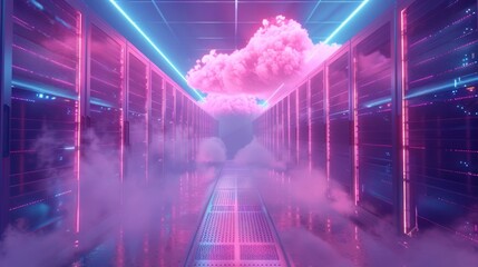 An eerie data center scene with pink and blue lighting, a misty corridor, server racks, and a net-like floor; evoking advanced computing technologies like cloud computing.
