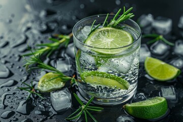 Fototapeta premium Refreshing gin and tonic with lime and rosemary garnish in a glass with ice cubes.