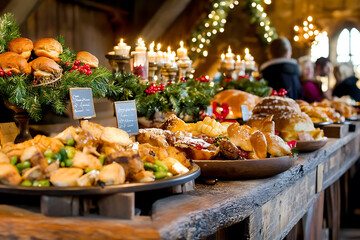 estive Christmas buffet with various holiday foods and decorations