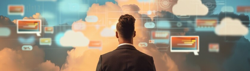 Fototapeta premium Businessman in a suit observing a digital cloud interface with multiple icons and graphics in the background.