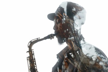 Obraz premium Young musician playing saxophone with double exposure effect