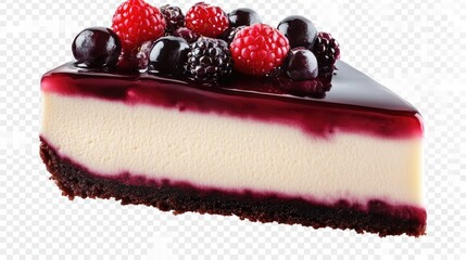 Creamy panna cotta cake slice with berry topping on transparent background