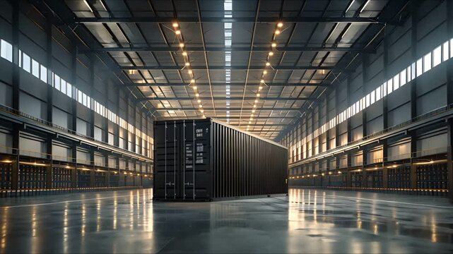 A large shipping container sits in a vast, empty warehouse with polished concrete floors and a high ceiling