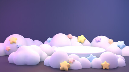 3d rendered empty podium surrounded by clouds and stars.