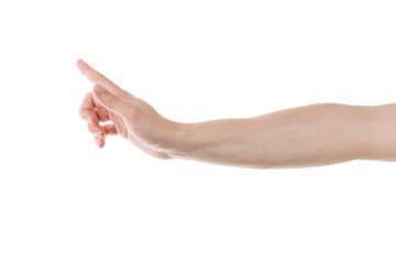 Young adult man hand touch or click something isolated on white