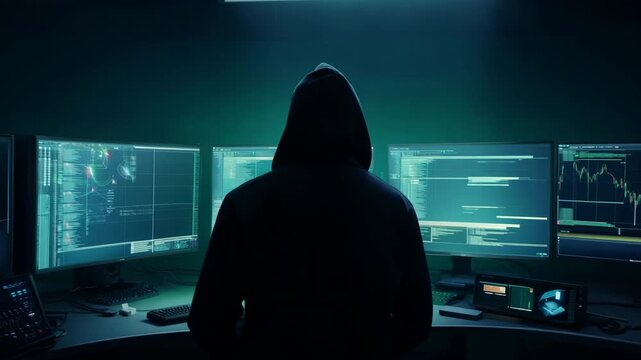 Hacker in dark hoodie working on multiple computer screens, cybercrime and data theft concept