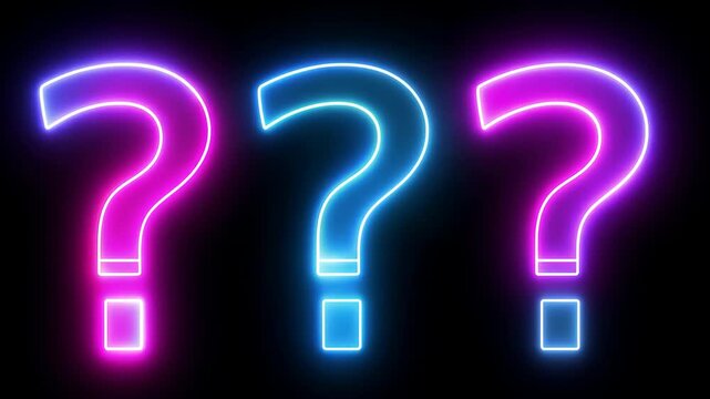 Neon question marks glowing in blue and pink, vibrant illuminated symbols on dark background