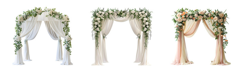 Elegant wedding arch with floral decorations isolated on a transparent background