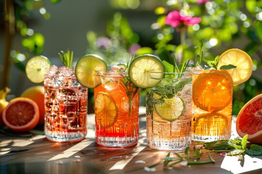 Refreshing cocktails with citrus and herbs in tall glasses, set outdoors with a lush green background.