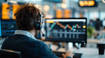 A stock trader wearing a headset analyzes financial data on multiple computer screens in a busy office environment.