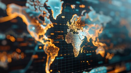 Abstract digital world map with glowing connections and network data visualization, representing global communication and technology.