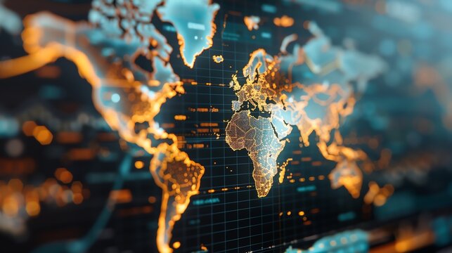 Abstract digital world map with glowing connections and network data visualization, representing global communication and technology.
