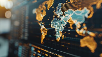 Digital world map with data visualization in a technology setting, showcasing global networking and analytics.