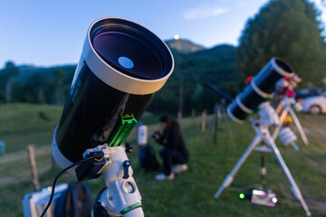 starry sky in summer with milky way and planets telescopes for astronomy