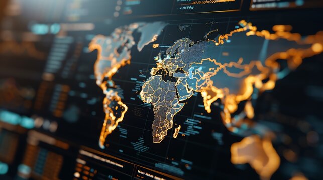Digital world map highlighting various data points, perfect for technology, business analytics, and global network concepts.