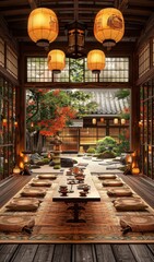 Fototapeta premium Traditional Japanese Restaurant Ambience with Oriental Aesthetics and Timeless Elegance in Eastern Decor