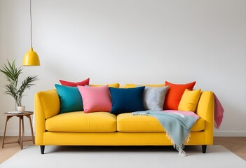 A yellow sofa with colorful throw pillows in a minimalist living room setting