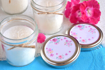 Wedding favors scented white glass jars candles jute ribbon spring summer romantic floral ceremony decoration, party guest gifts, baptism baby girl shower first communion small souvenirs, mockup label