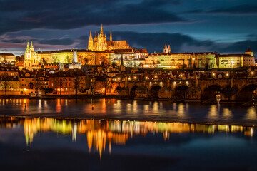 Prague Castle and Charles Bridge in the evening