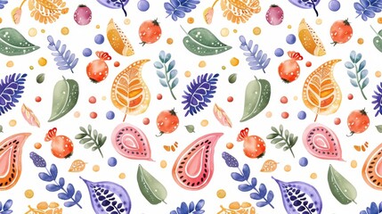 Seamless pattern with intricate paisley patterns in bold, bright colors. Conveyed in watercolor form
