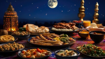 Obraz premium traditional Ramadan Iftar food against the backdrop of a serene moonlit sky, capturing the essence of the joyous celebration.