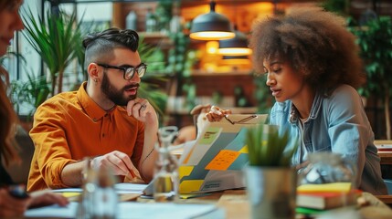 Diverse team of colleagues engaged in collaborative business planning during a meeting in a modern creative office environment
