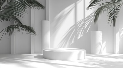 Empty White podium on white background with tree and shadow,Round transparent poduim,Podium wall with studio light for mockup product display,cosmetic,beauty,showcase,copy space.