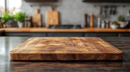 Fototapeta premium Empty wooden plate on wood table,blur modern kitchen background and wooden desk space,Wooden pedestal of free space for your decoration,Board of brown wood and mockup backdrop,cozy home concept.