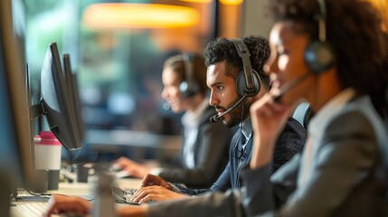Multiracial team of customer service executives collaborating in a modern office setting, providing professional assistance and support for clients in a diverse and inclusive work environment
