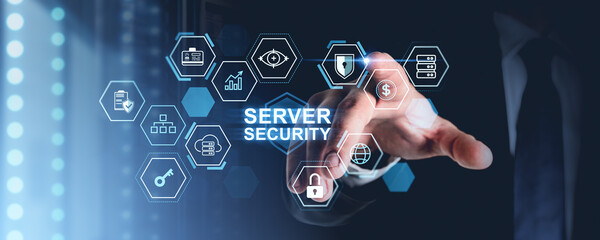 Man finger touch server security hologram with different icons