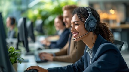 Multiracial team of customer service executives collaborating in a modern office setting, providing professional assistance and support for clients in a diverse and inclusive work environment