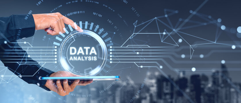 Man finger touch data analysis hud hologram, tablet and cityscape on background